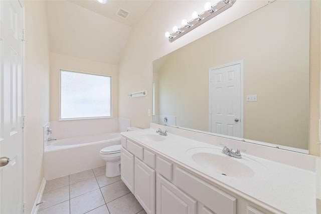 full bath featuring a sink, tile patterned flooring, double vanity, visible vents, and a garden tub