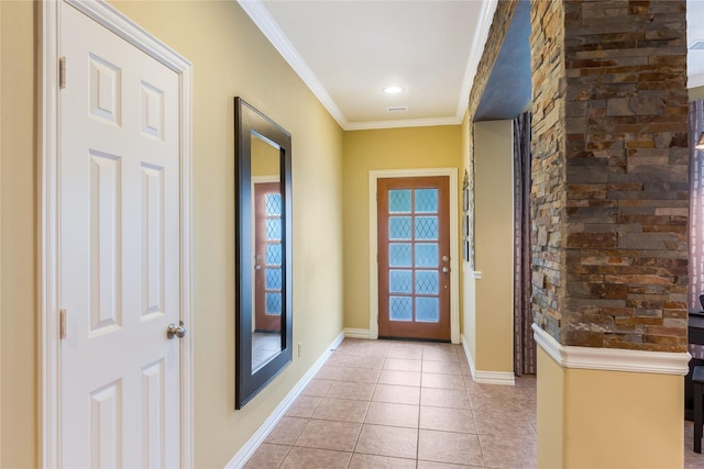 11068 First Lgt, Montgomery, TX 77356 - doorway to outside with baseboards, crown molding, and light tile patterned flooring