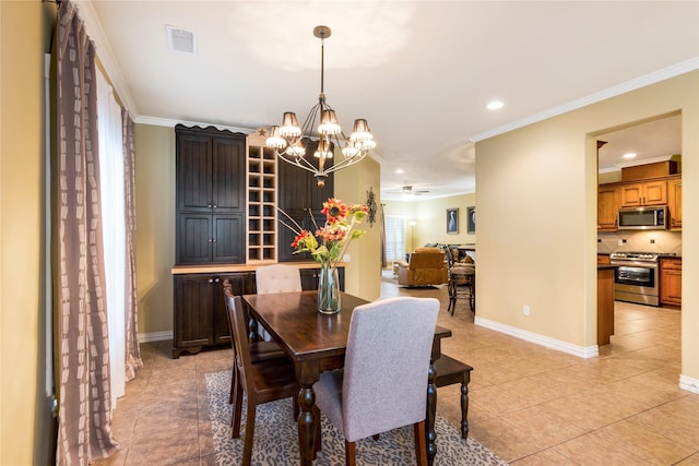 11068 First Lgt, Montgomery, TX 77356 - dining space with visible vents, light tile patterned floors, baseboards, a chandelier, and ornamental molding