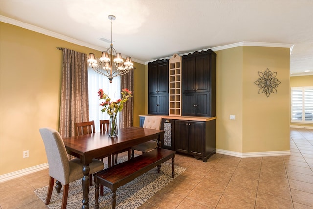 11068 First Lgt, Montgomery, TX 77356 - dining space with light tile patterned flooring, baseboards, an inviting chandelier, and ornamental molding