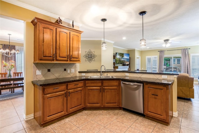 11068 First Lgt, Montgomery, TX 77356 - kitchen featuring stainless steel dishwasher, a sink, light tile patterned floors, and brown cabinets