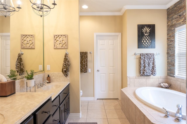11068 First Lgt, Montgomery, TX 77356 - bathroom featuring a garden tub, double vanity, baseboards, tile patterned floors, and a notable chandelier