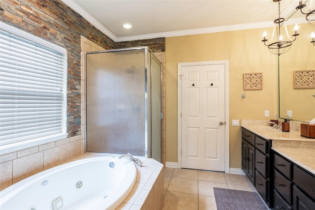 11068 First Lgt, Montgomery, TX 77356 - bathroom featuring vanity, ornamental molding, a whirlpool tub, tile patterned floors, and a stall shower