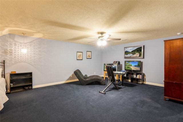 11068 First Lgt, Montgomery, TX 77356 - carpeted home office featuring baseboards, ceiling fan, and a textured ceiling