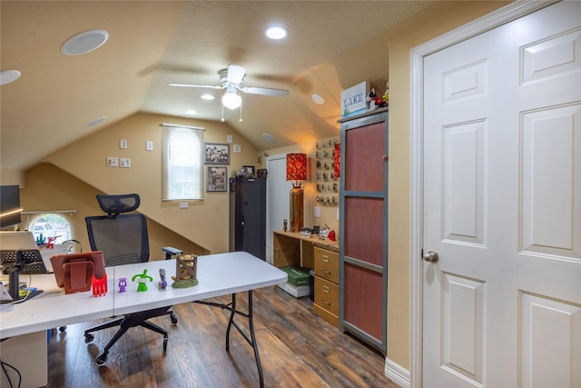 11068 First Lgt, Montgomery, TX 77356 - home office featuring recessed lighting, ceiling fan, lofted ceiling, and dark wood-type flooring
