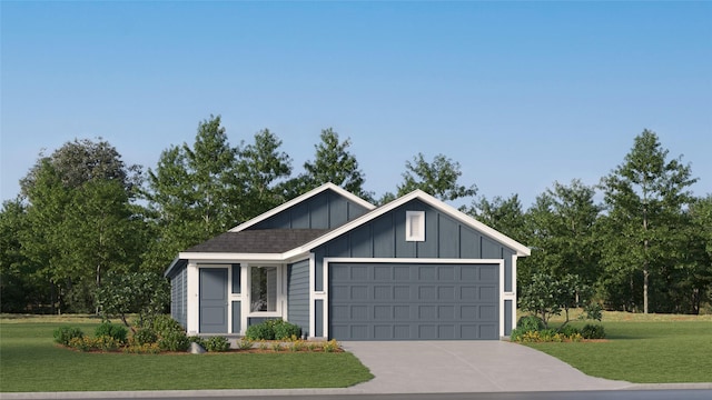 modern inspired farmhouse featuring board and batten siding, concrete driveway, a front lawn, and a garage