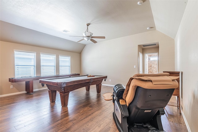 game room featuring ceiling fan, vaulted ceiling, and baseboards