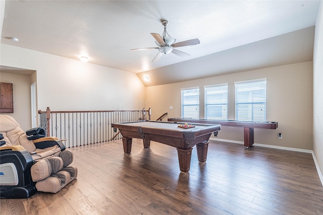 game room with pool table, ceiling fan, wood finished floors, and lofted ceiling
