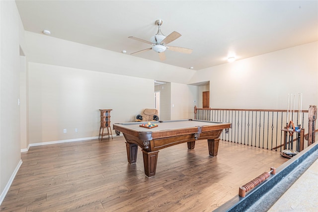 recreation room with pool table, ceiling fan, baseboards, and wood finished floors