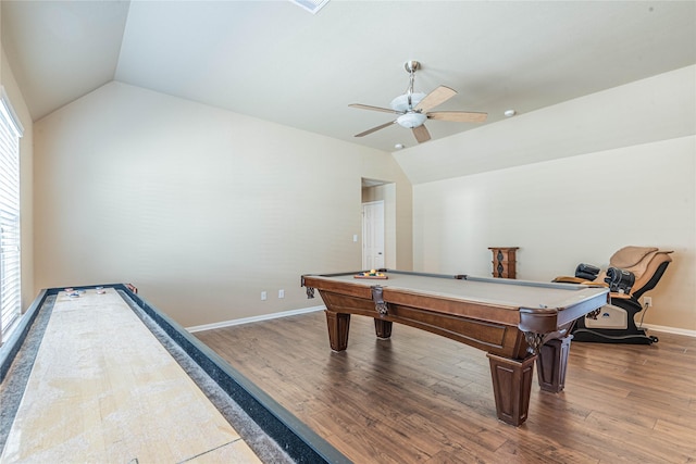 recreation room with wood finished floors, a ceiling fan, billiards, and lofted ceiling