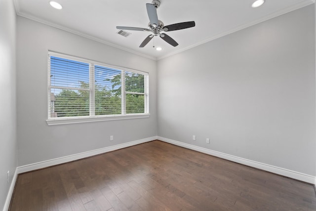 unfurnished room featuring ornamental molding, wood finished floors, baseboards, ceiling fan, and recessed lighting