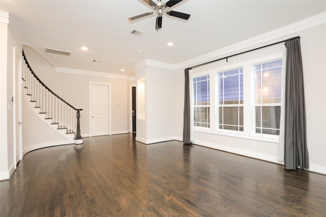unfurnished living room featuring crown molding, stairway, a ceiling fan, and wood finished floors