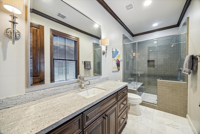 bathroom with vanity, visible vents, ornamental molding, and a stall shower