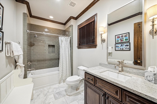 bathroom with toilet, marble finish floor, shower / tub combo, visible vents, and ornamental molding