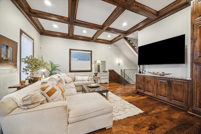 living room with recessed lighting, dark wood finished floors, beam ceiling, and coffered ceiling