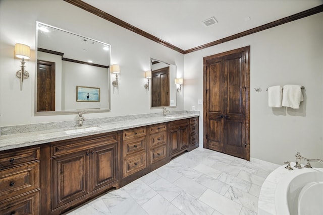 full bath with visible vents, double vanity, marble finish floor, ornamental molding, and a sink