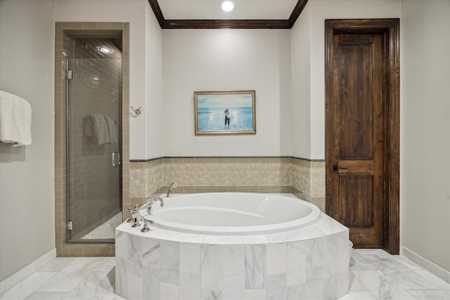 full bath featuring crown molding, baseboards, a garden tub, and a stall shower