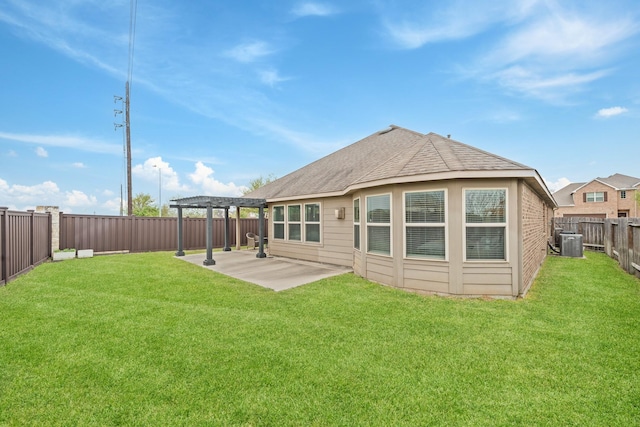 rear view of property with a patio area, cooling unit, a fenced backyard, a yard, and a pergola