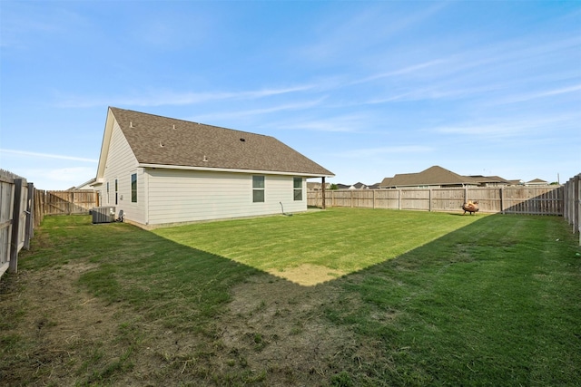 back of house featuring a yard, a fenced backyard, roof with shingles, and central air condition unit