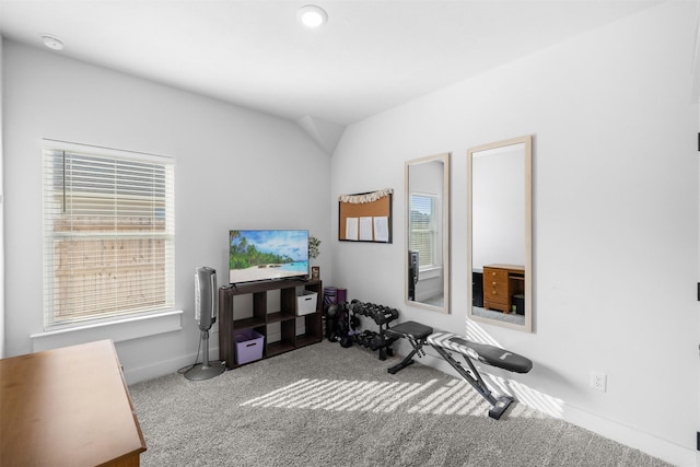 exercise area with carpet floors, baseboards, a wealth of natural light, and lofted ceiling