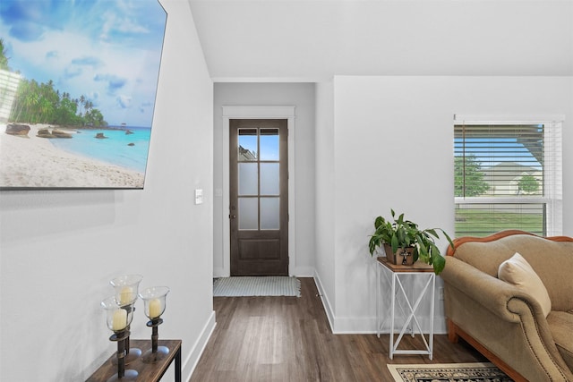 foyer with baseboards and dark wood-style floors
