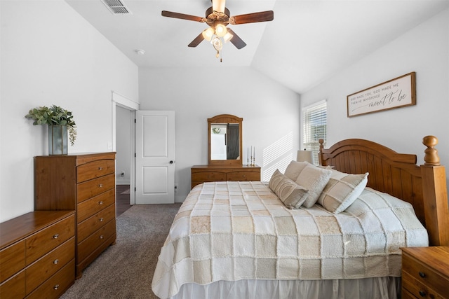 bedroom with visible vents, carpet, ceiling fan, and lofted ceiling