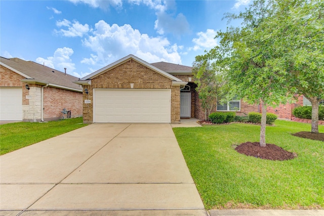 ranch-style house featuring brick siding, driveway, a front lawn, and a garage