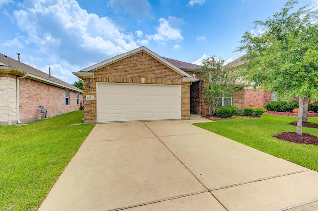 ranch-style home featuring concrete driveway, a front lawn, and brick siding