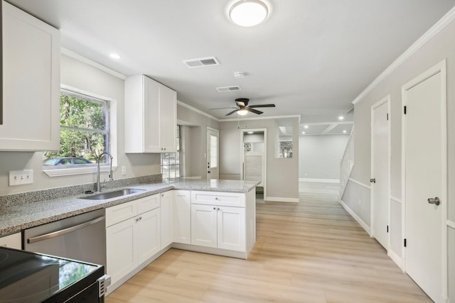 6531 Coral Ridge Rd, Houston, TX 77069 - kitchen featuring ceiling fan, visible vents, a sink, white cabinets, and light wood finished floors