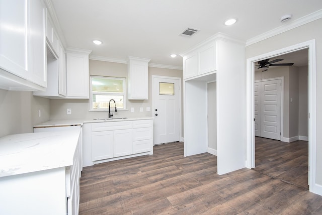 kitchen with visible vents, crown molding, dark wood-style flooring, white cabinetry, and a sink