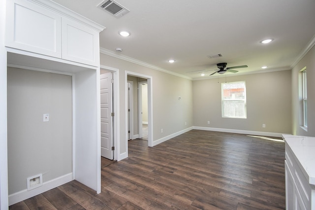 unfurnished living room featuring ornamental molding, a ceiling fan, recessed lighting, and visible vents