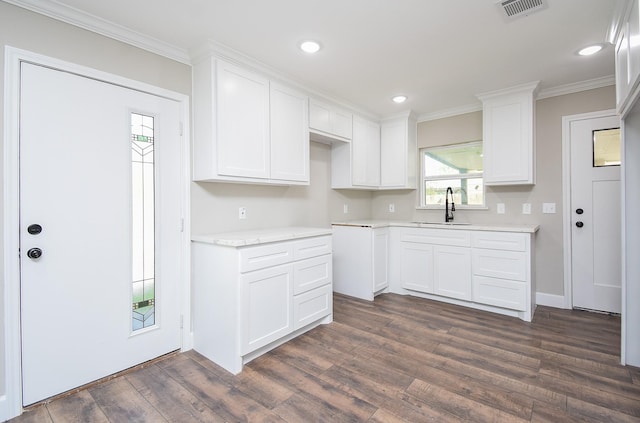 kitchen featuring white cabinetry, ornamental molding, a sink, and dark wood-type flooring