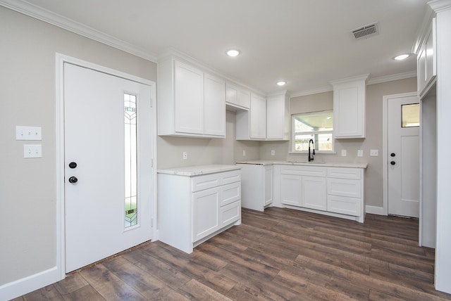 kitchen with dark wood-style flooring, a sink, white cabinetry, visible vents, and ornamental molding
