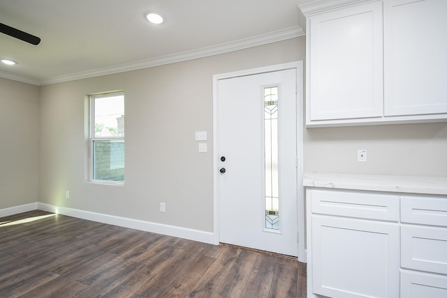 entrance foyer featuring plenty of natural light, baseboards, ornamental molding, and dark wood-style flooring