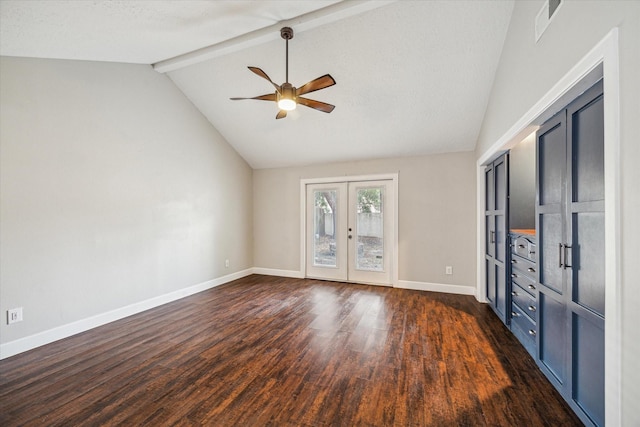 interior space with french doors, a ceiling fan, visible vents, lofted ceiling with beams, and dark wood-type flooring