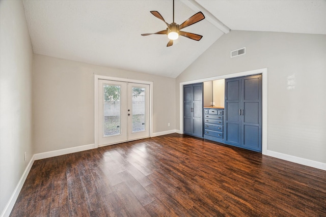 unfurnished bedroom with visible vents, beamed ceiling, baseboards, french doors, and dark wood finished floors