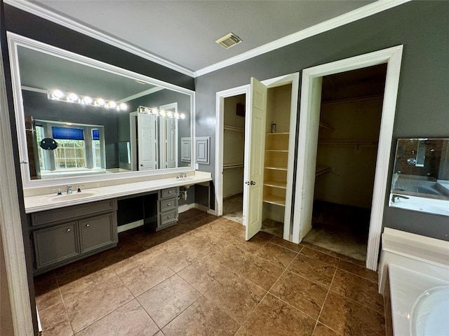 bathroom featuring double vanity, visible vents, a sink, a spacious closet, and ornamental molding