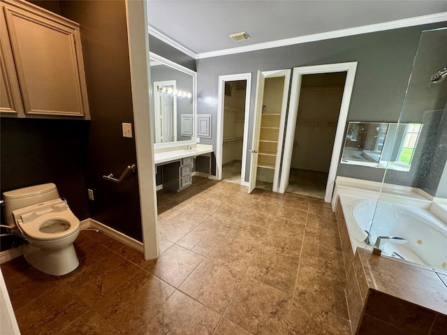 bathroom featuring a jetted tub, visible vents, baseboards, toilet, and ornamental molding