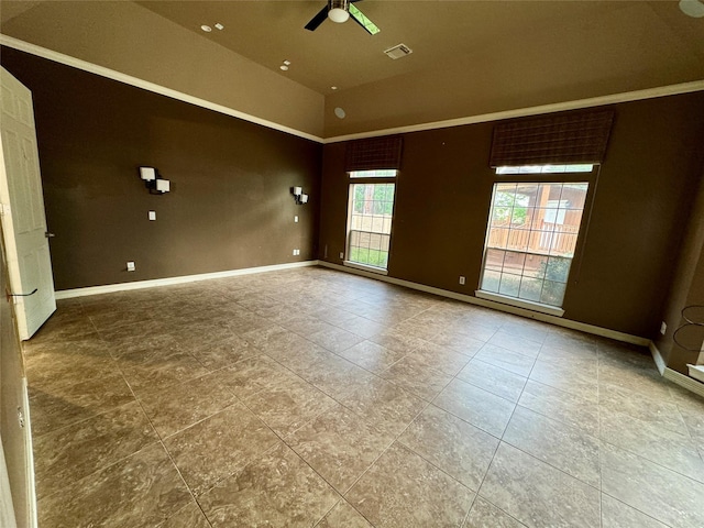 tiled empty room featuring ceiling fan, visible vents, baseboards, and high vaulted ceiling