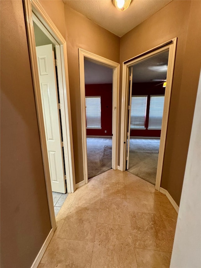 hallway featuring a healthy amount of sunlight, baseboards, and light carpet