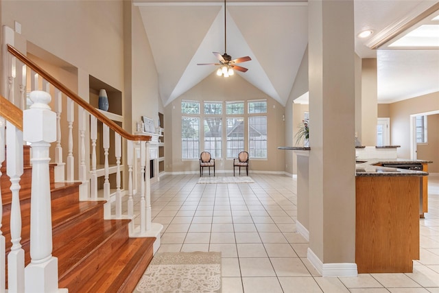 4103 Oak Blossom Ct, Houston, TX 77059 - entrance foyer with light tile patterned floors, baseboards, a ceiling fan, and stairs