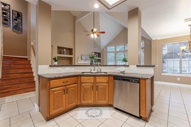 4103 Oak Blossom Ct, Houston, TX 77059 - kitchen featuring a sink, dark stone counters, stainless steel dishwasher, and backsplash