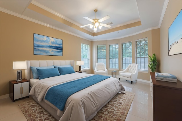 4103 Oak Blossom Ct, Houston, TX 77059 - bedroom with light tile patterned floors, baseboards, crown molding, and a tray ceiling