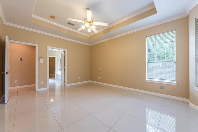 4103 Oak Blossom Ct, Houston, TX 77059 - spare room featuring a ceiling fan, visible vents, crown molding, a tray ceiling, and light tile patterned flooring