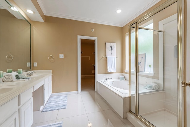 4103 Oak Blossom Ct, Houston, TX 77059 - full bathroom featuring a sink, double vanity, ornamental molding, a bath, and a stall shower