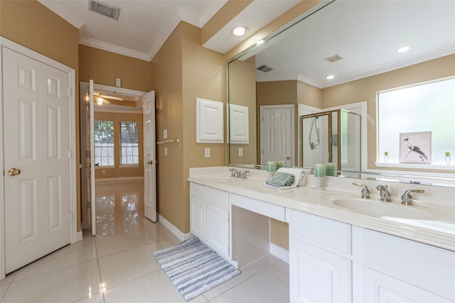 4103 Oak Blossom Ct, Houston, TX 77059 - bathroom featuring crown molding, a stall shower, a sink, and visible vents