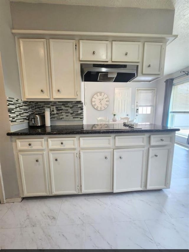 11303 Olympia Dr, Houston, TX 77077 - kitchen featuring decorative backsplash, a textured ceiling, black electric cooktop, marble finish floor, and under cabinet range hood