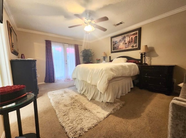 11303 Olympia Dr, Houston, TX 77077 - bedroom with visible vents, a ceiling fan, crown molding, and light carpet