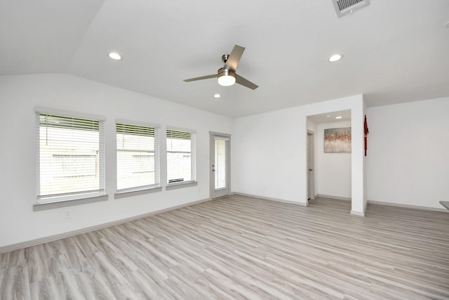 unfurnished living room with visible vents, recessed lighting, a ceiling fan, light wood finished floors, and vaulted ceiling