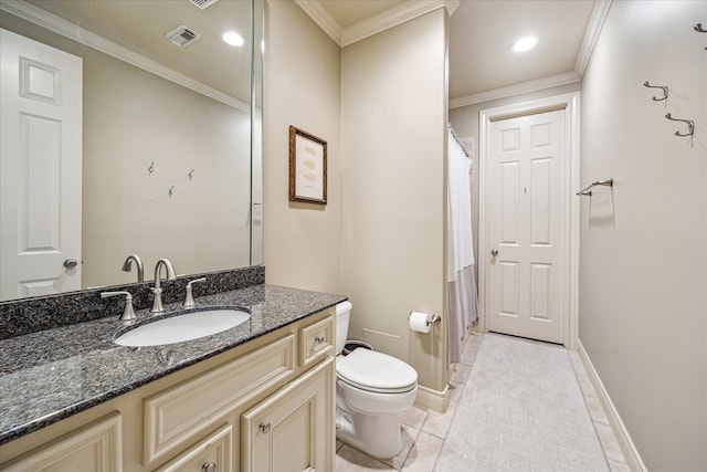bathroom featuring visible vents, crown molding, tile patterned flooring, vanity, and toilet
